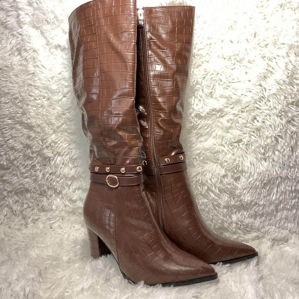 Croc Pattern Knee-High Boots